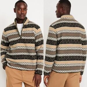 Old Navy Mens Fleece Pullover Sweater XXL Green Fair Isle Mock Neck Quarter Zip